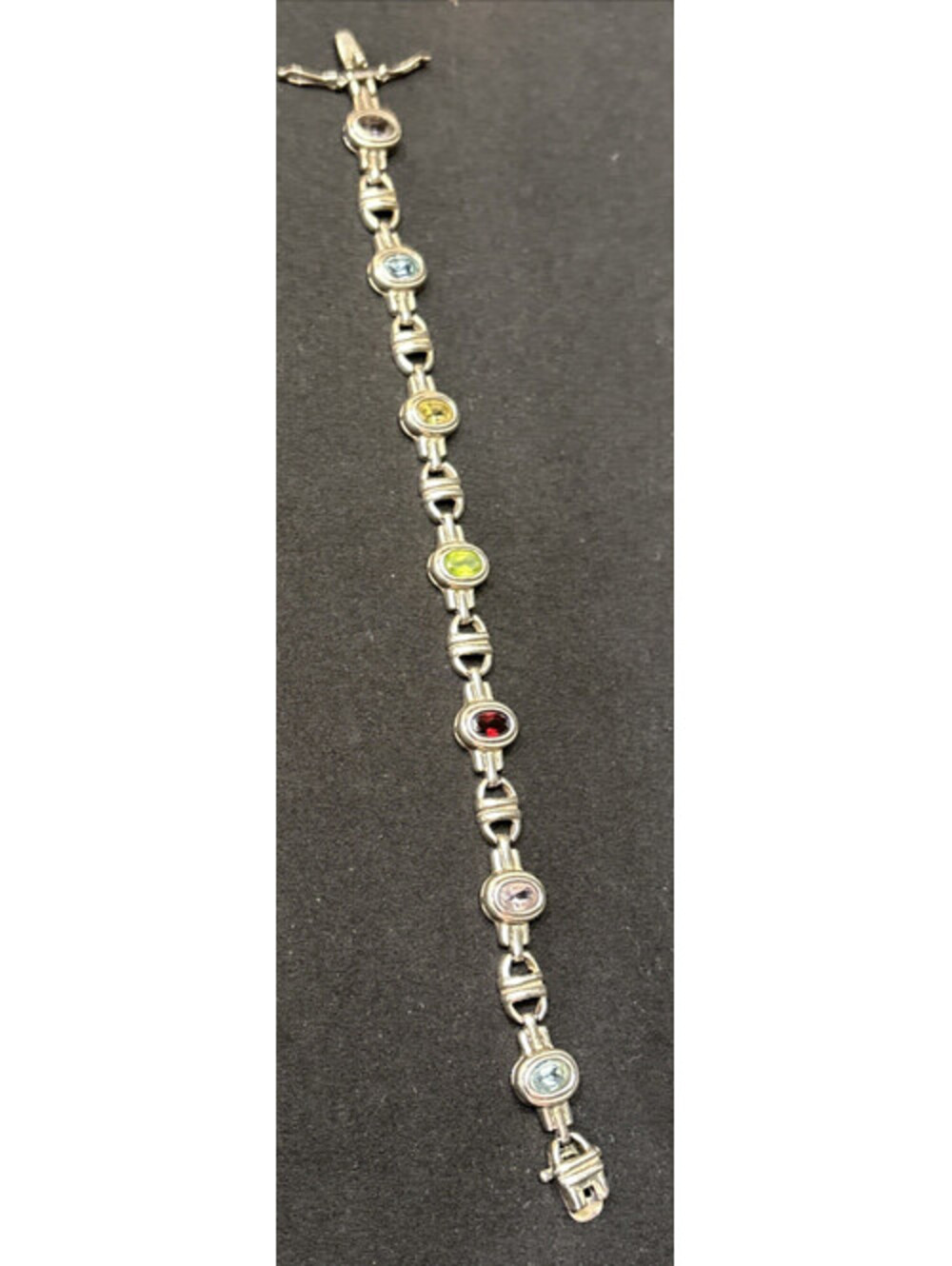 925 Sterling Silver Oval Multicolor Gemstone Tennis Link Bracelet 7"